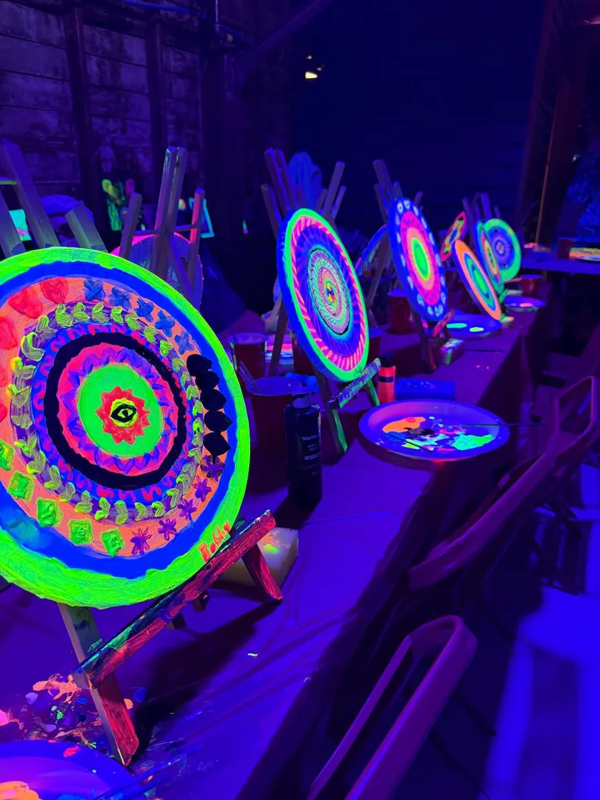 Glow-in-the-dark mandala paintings under UV light